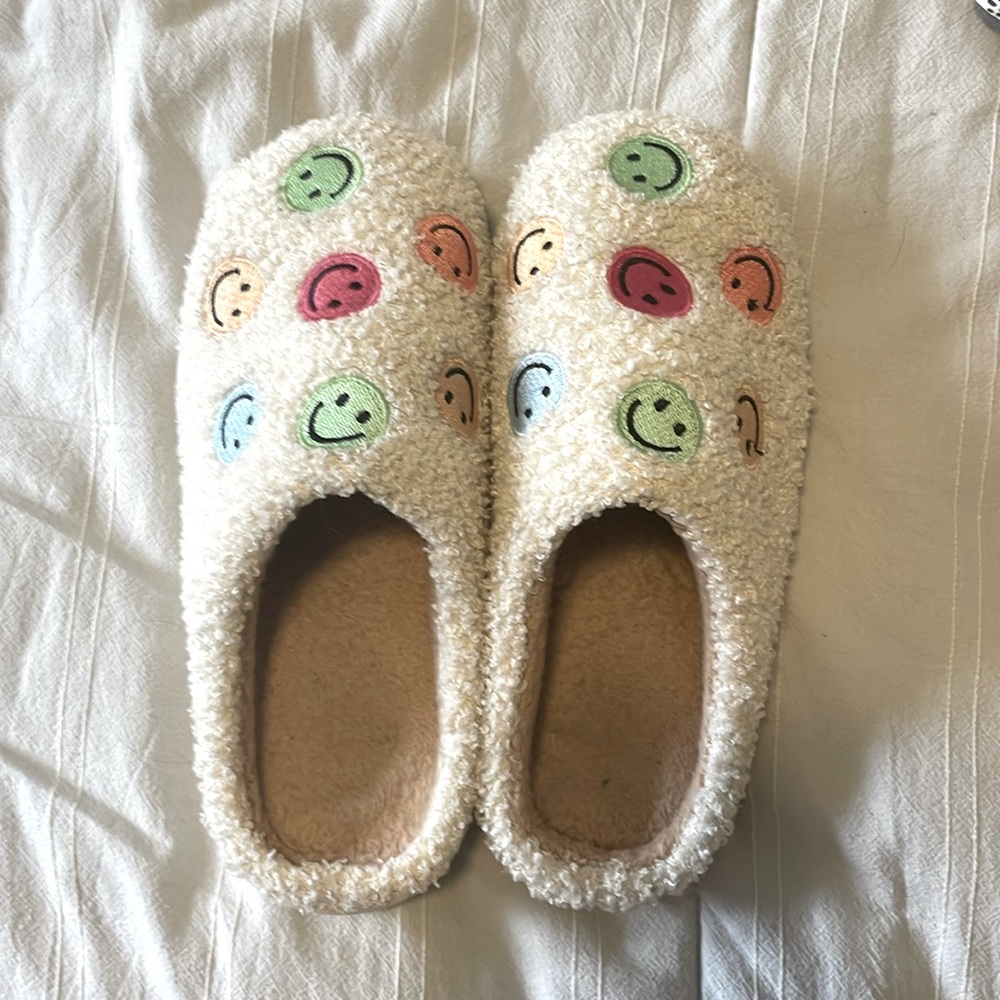 Beige, and multi color smiley face slippers